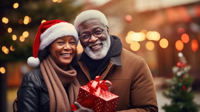 A couple of retired African-American elderly people on the eve of Christmas or New Year's holiday hold gifts in their hands and give them on the street in the evening bokeh