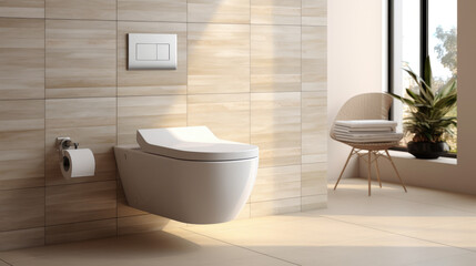 Fototapeta na wymiar Modern luxury toilet granite tile floor in sunlight on beige wall 
