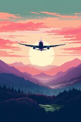 Fototapeta na wymiar Travel retro style poster with airplane flying over river and mountains at sunset 