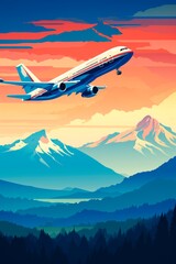 Travel retro style poster with airplane flying over river and mountains at sunset 