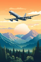 Fototapeta na wymiar Travel retro style poster with airplane flying over river and mountains at sunset 