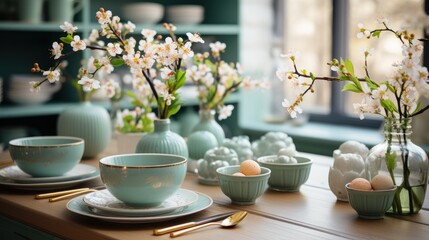 Fragment of modern classic kitchen with table setting on wooden table. Plates and bowls, vases with flowering branches, decor. Close-up, blurry background. Contemporary home design. 3D rendering.