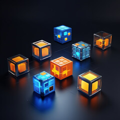 Cube with arrow up across the screen, blue screen with white columns, floating gold coins, blue and orange color scheme, frosted glass, clear