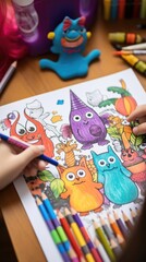 A child's hand is drawing a picture with colored crayons