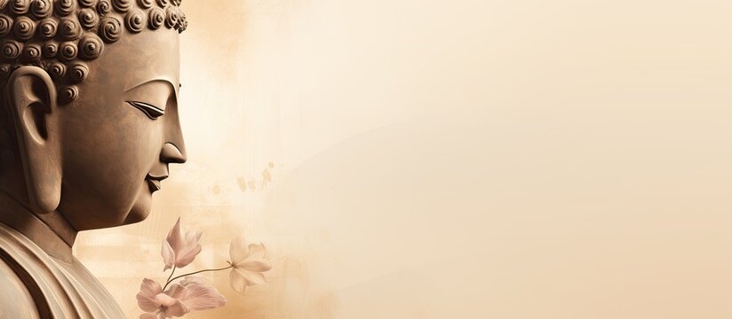 Profile of Lord Buddhas head on a beige background in a digital art collage