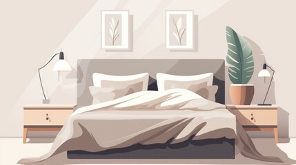 A bedroom scene with a bed, nightstands and a plant