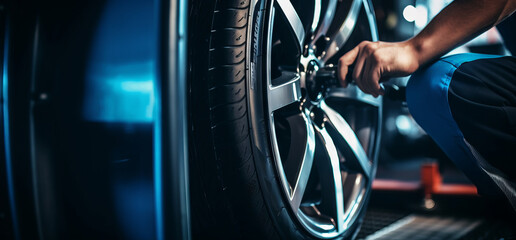 Fototapeta premium Auto mechanic working on car in mechanics garage. Repair service. Car mechanic working at automotive service center