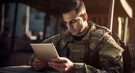 Soldier in uniform analyze data on a tablet and work out tactics at a temporary base. Programming control with artificial intelligence, online coordination of the military team