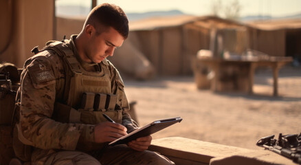 Soldier in uniform analyze the terrain map and work out tactics at a temporary base.