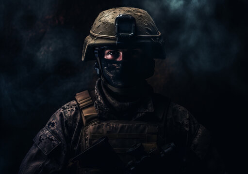Army soldier in Combat Uniforms with assault rifle, plate carrier and combat helmet are on, Shemagh Kufiya scarf on his neck. Studio shot, dark background