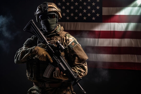 Modern army special forces equipped soldier, anti terrorist squad fighter, elite mercenary in helmet, studio portrait with national flag