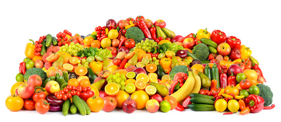 Wide collage of fresh fruits and vegetables for layout isolated on white background. - 652952950
