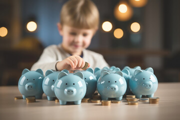 A child inserting coins in several piggy banks of a little blue pig, for various dreams, learns to diversify his savings, and his investments,  to balance risks and to be able to fulfill his projects. - obrazy, fototapety, plakaty