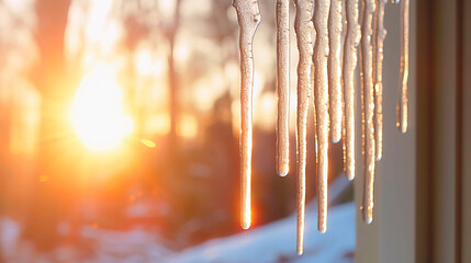 Row of Icicles hanging from a roof. Concept of the cold winter season. Shallow field of view.	