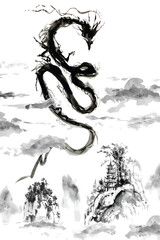 Chinese dragon watercolor ink painting in the sky 2