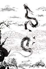 Chinese dragon watercolor ink painting in the sky 3