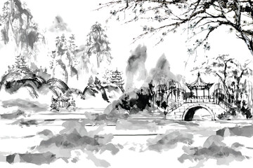 Watercolor painting, painted in Sumie style, a pavilion in the middle of a valley.