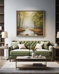 The vibrant green couch in the living room provides a pop of color to the walls, which are adorned with a stunning painting that creates a cozy yet stylish atmosphere