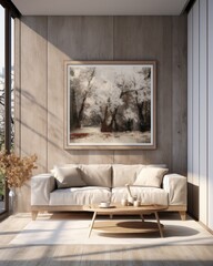 A cozy loveseat and coffee table, surrounded by an inviting wall adorned with a vibrant painting, create a warm atmosphere in the room, inviting one to relax and stay awhile