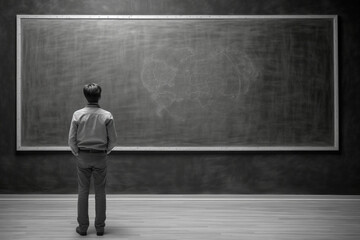 Man stands in front of a school board, black and white photo