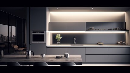 Modern minimalist kitchen interior. Gray flat facades, stone countertop, built-in home appliances, big fridge, work surface lighting. Dining area. Contemporary home design. 3D rendering.