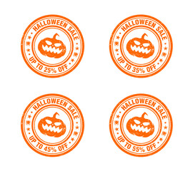 Halloween sale orange grunge stamp set. Sale 25, 35, 45, 55 percent off. Vector illustration