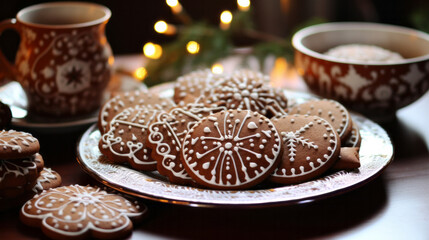 Traditional Christmas cookies. Homemade sweet decorated gingerbread biscuits with icing