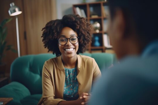 confident adult 30 years old african american female psychologist consulting a client. AI Generated