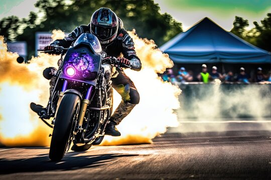 Motorcycle rider on a motorcycle on the race track with flames