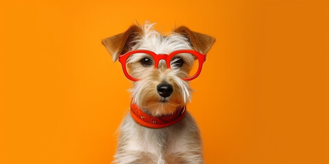 Dog wearing cool glasses on colored background.