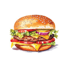 Watercolor Fresh tasty burger. Watercolor hand drawn illustration, isolated on white background, vector. illustration