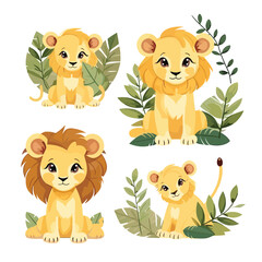 Watercolor set of cute safari lion and leaves, tropical. watercolor cartoon lion