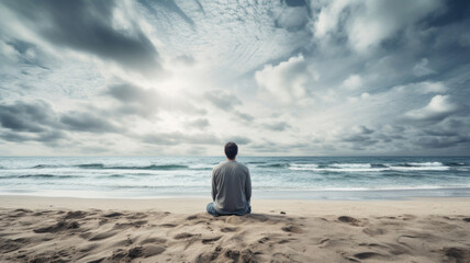 Man sitting on a sand beach and looking to the sea. Peaceful place to relax and meditate.