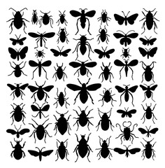 Big Set of  Insects Silhouettes in Different Poses. Almost Each Kind of Insects Represented in set. High Detail. Vector Illustration