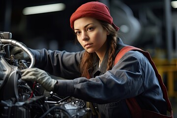 Close-up of a Caucasian young woman works in a car production line. She checks the operation of the units and the contacts of the electrical system of the engine.