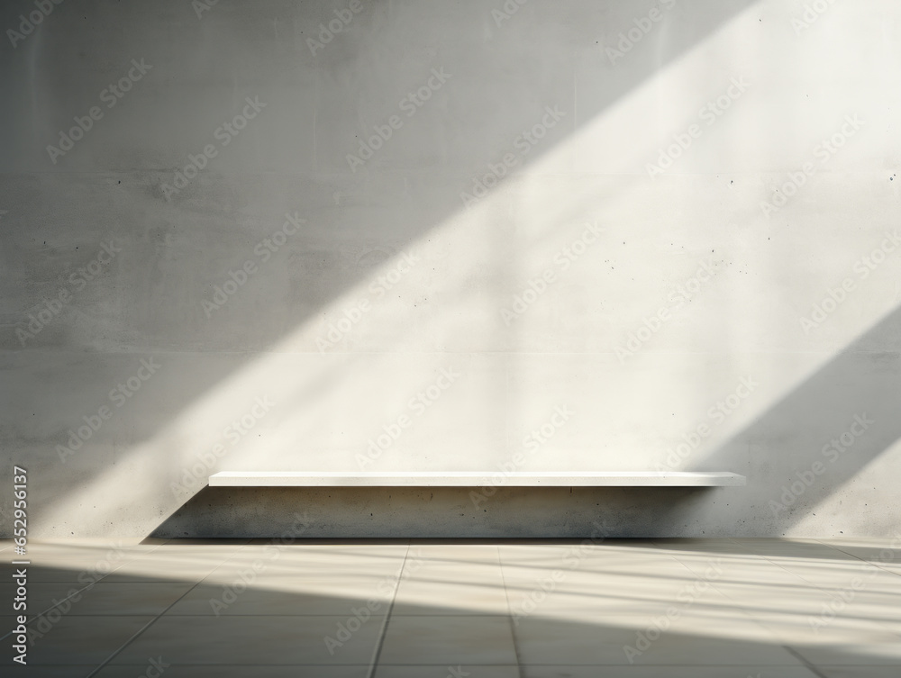 Poster empty white podium with shadow on concrete wall. mock up. generative ai