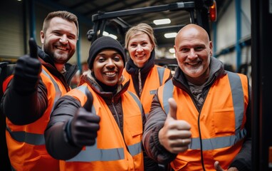 Warehouse forklift drivers posing in front of the camera. Generative AI