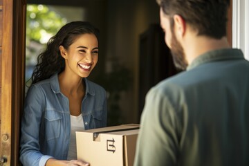 This is a scene of a young woman receiving a parcel from a delivery man at home, with a focus on the woman.

 Generative AI