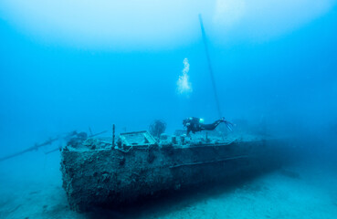 Fototapeta premium Diving in Montenegro. In beautiful Kotor Bay there is old Yugoslavian patrol boat that is at the bottom of the Bay at around 25 meters.