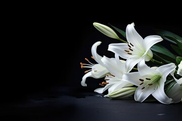 This bouquet of white lilies is placed on a black background with copy space.

 Generative AI