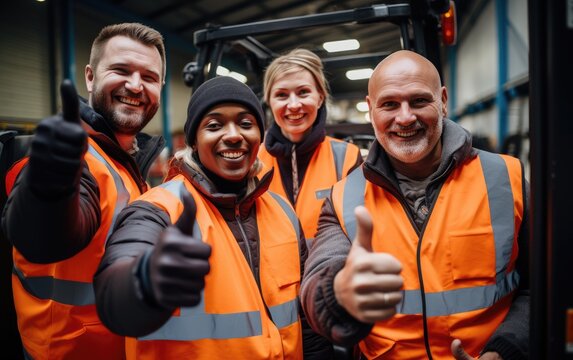 Warehouse forklift drivers posing in front of the camera. Generative AI