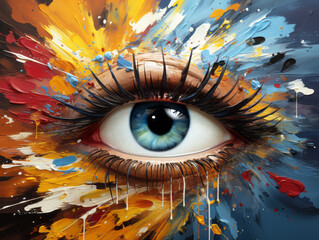 Colorful abstract background with beautiful female eye. Art painting. Generative AI