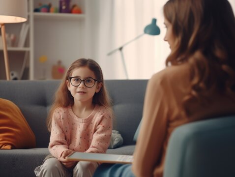 Female psychologist consulting a little girl. AI Generated
