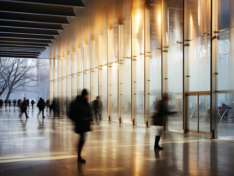 People Walking In The Hall Of A Modern Office Building In Motion Blur. Generative AI