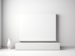 blank white picture frame on white wall background. Generative AI