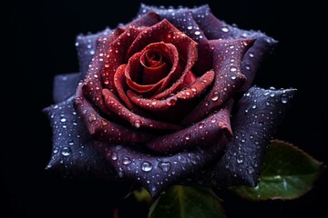 Dark rose adorned with dew on a dark backdrop. Generative AI