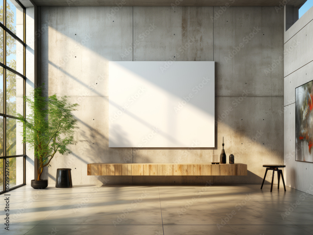Poster Interior of modern gallery with empty poster on concrete wall. Mock up. Generative AI