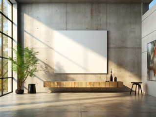 Interior of modern gallery with empty poster on concrete wall. Mock up. Generative AI