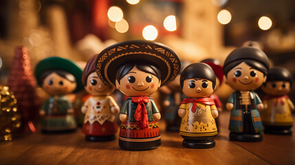 juguetes mexicanos de madera pastores con ropa tipica de mexico guitarras y luces brillantes  - obrazy, fototapety, plakaty
