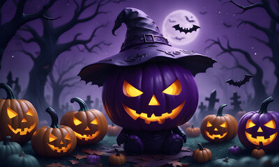 Halloween Pumpkin Illustration 3D Art Animated Graphic, Party Invitation Banner Website Card Design Background - ai generated